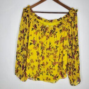Scripted Womens Yellow Floral Off The Shoulder Blouse Size L Pleated Sleeve Boho